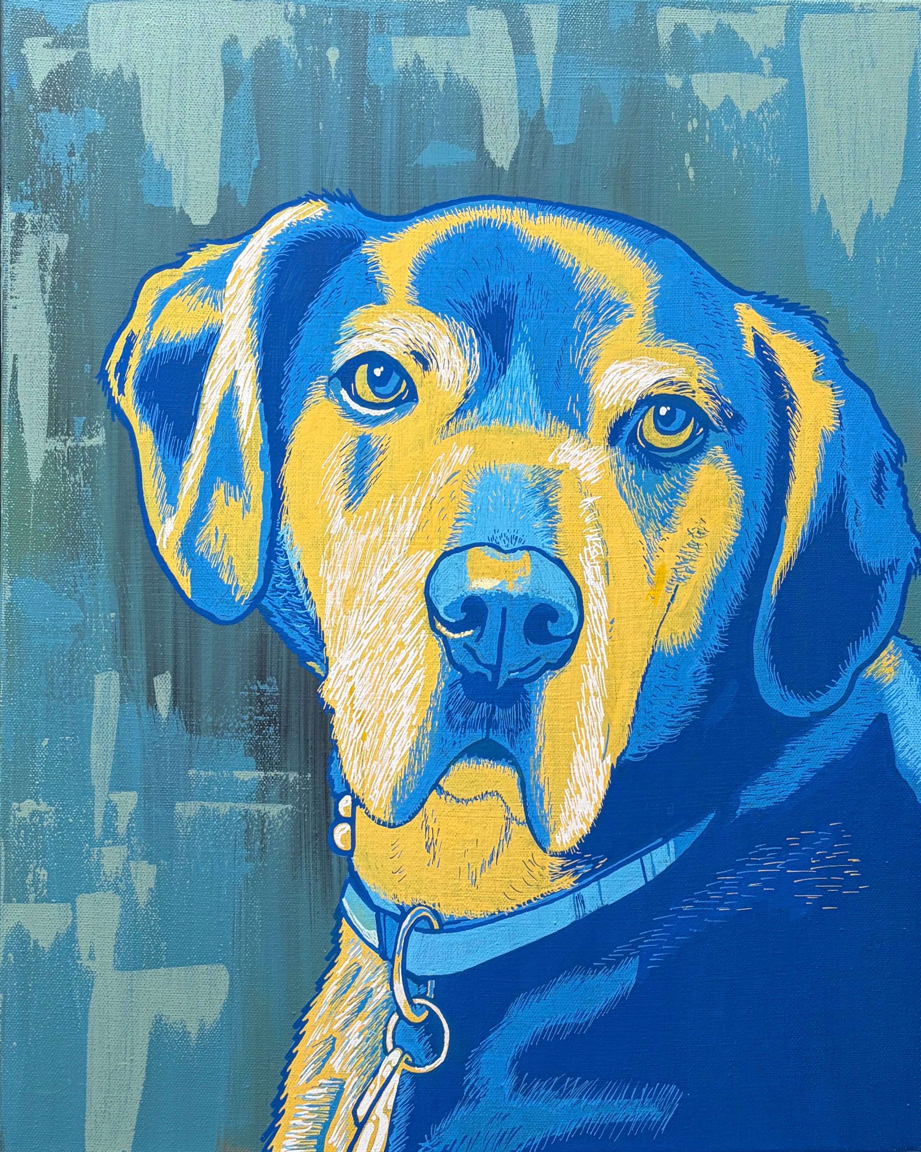 Pop-art portrait of Copper, a hound in yellow and blue duotone against a pale striped background