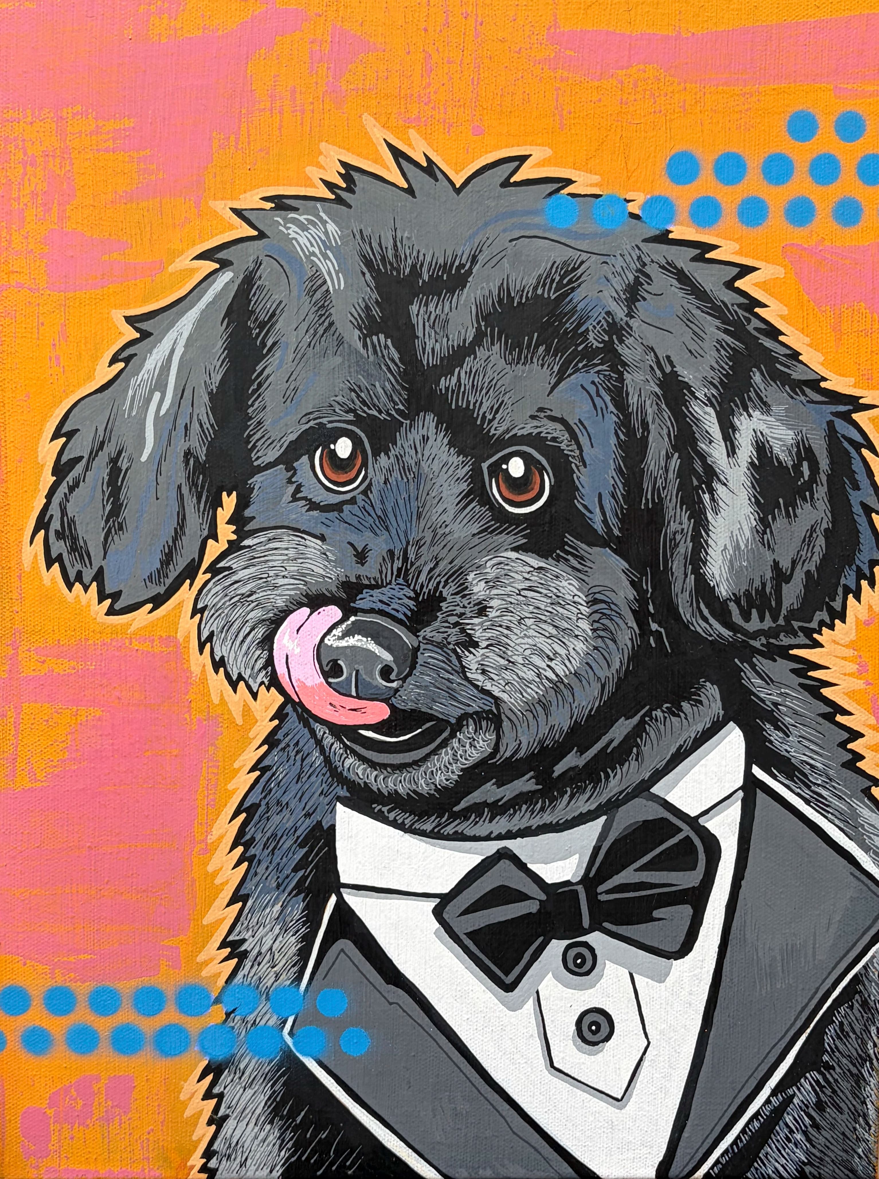Pop-art portrait of Olaf, a black poodle in a tuxedo and bow tie, on a pink and orange background with blue ben-day dots